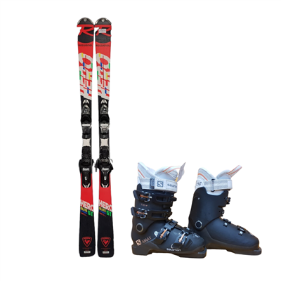 Bazárové lyže ROSSIGNOL Hero Titanium Elite ST + lyžiarky SALOMON S Xmax 110 W